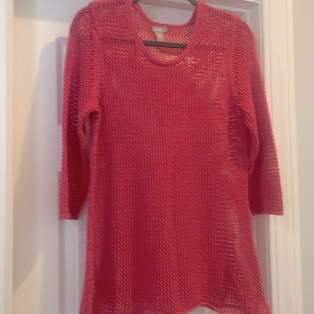 CHICO’S open weave pullover sweater long sleeves poppy pink sz 2 (12) EC